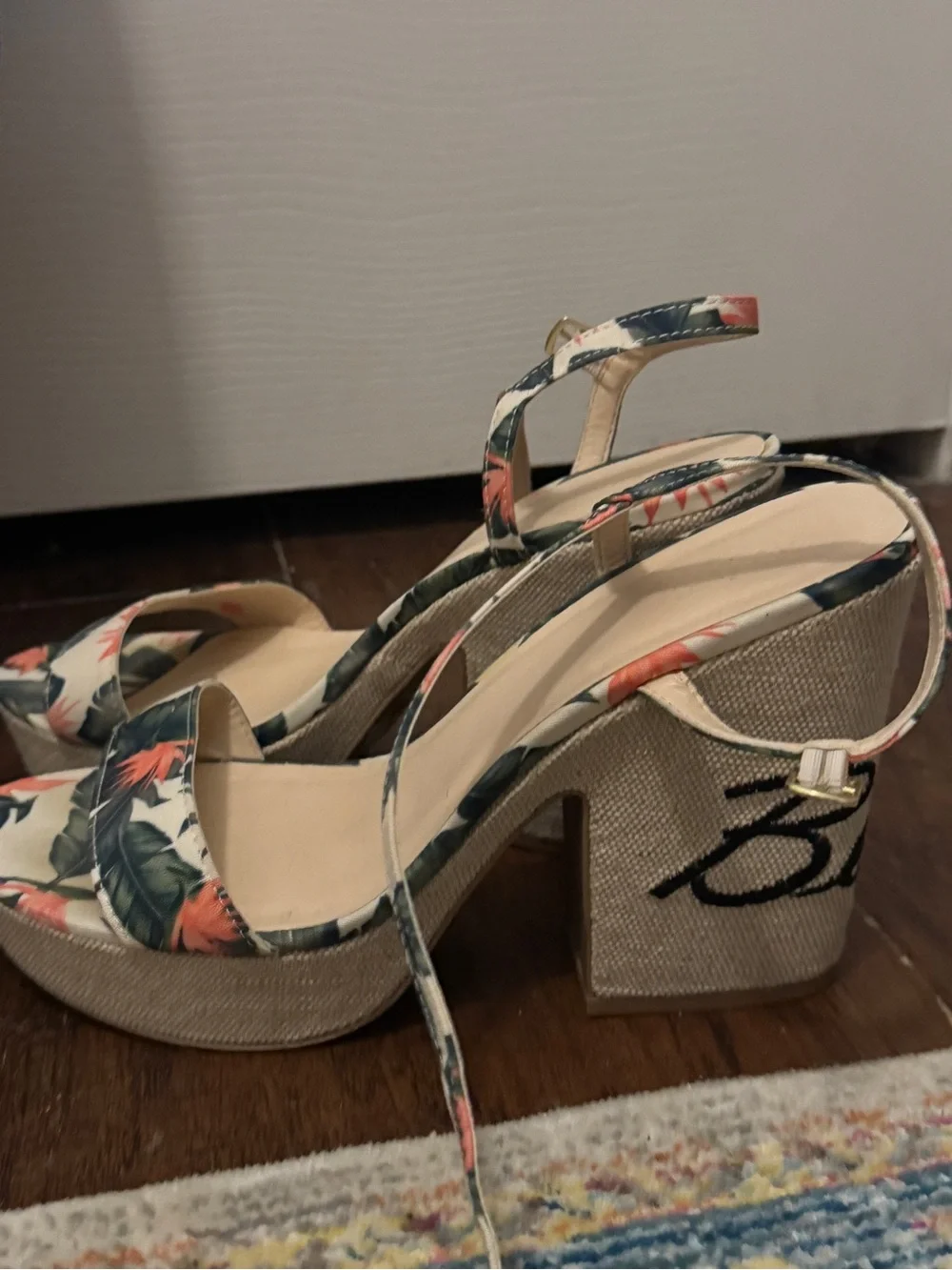Floral Print Wedge Sandals - Beige with Green and Coral Accents